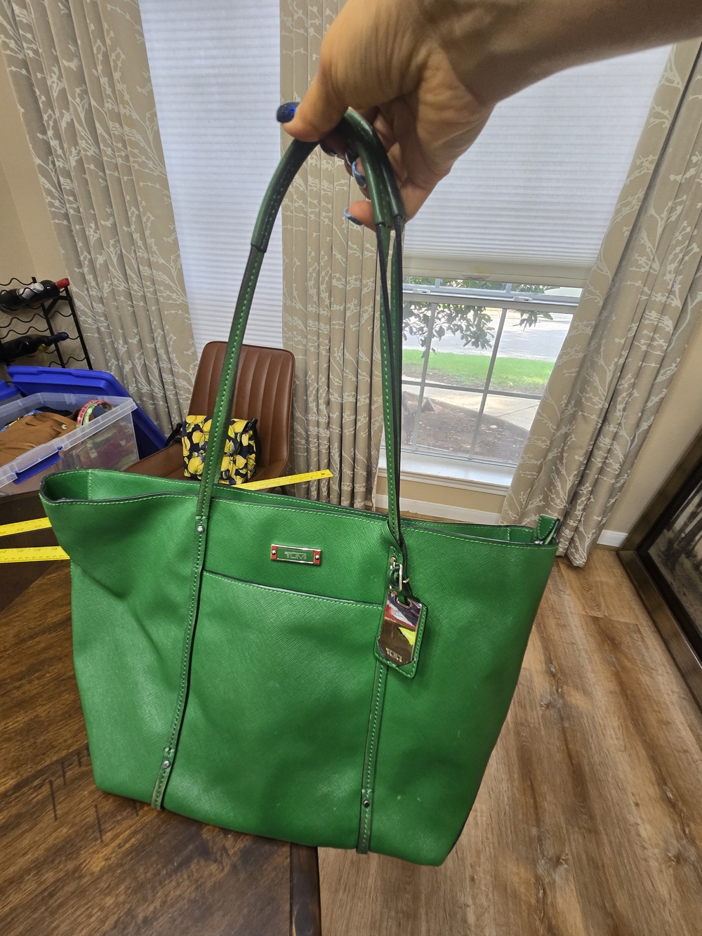 Tumi Green Leather Tote with Front Pocket and Tag
